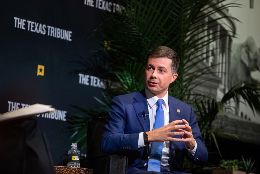 U.S. Secretary of Transportation Pete Buttigieg speaks at the opening keynote with Texas Tribune CEO Evan Smith at The Texas Tribune Festival on Sept. 22, 2022 in Austin, TX.