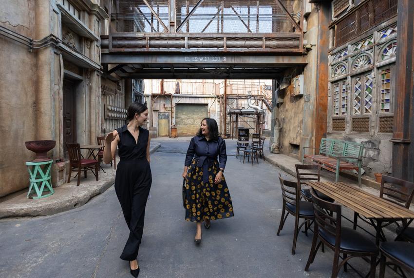 Texas Tribune CEO Sonal Shah, right, and COO Natalie Choate tour the event space at Troublemaker Studios for TribFeast, during The Texas Tribune Festival 2023, in Austin, on Sept. 22, 2023.