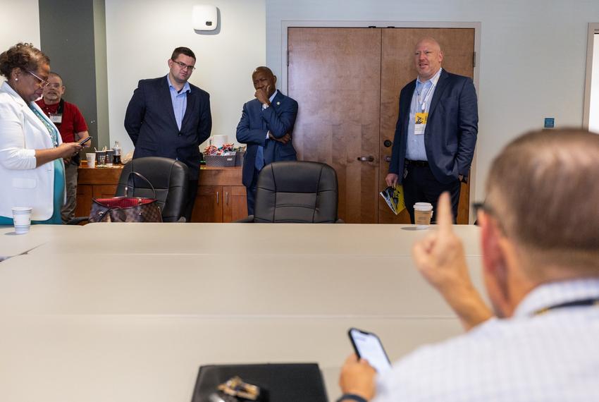 Houston Mayor Sylvester Turner reacts to Texas Tribune co-founder Evan Smith announcing that Mayor Eric Johnson has switched from Democrat to Republican in a Wall Street Journal op-ed, prior to Turner's one-on-one conversation with Smith at The Texas Tribune Festival 2023, on Sept. 22, 2023.