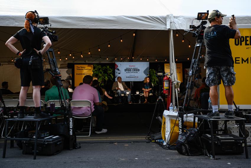 Camera crews film a panel titled Confronting America’s Opioid Crisis:The Next Steps We Need on Open Congress during The Texas Tribune Festival Saturday, Sept. 23, 2023 in Austin, Texas.