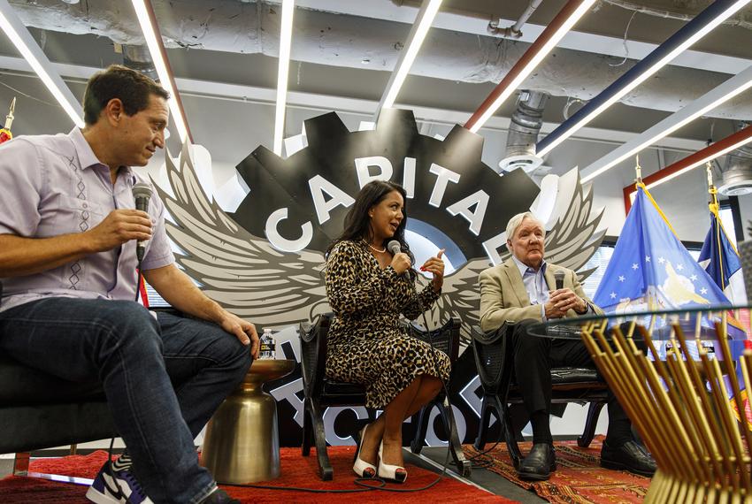 Texas Tribune managing editor Matthew Watkins moderates a panel with Texas House Democrats Trey Martinez Fischer, D-San Antonio, Victoria Neave Criado, D-Dallas, and John Bryant, D-Dallas, at The Texas Tribune Festival in Austin on Sept. 23, 2023.