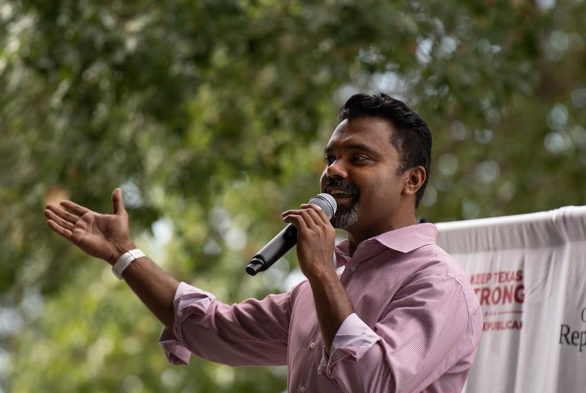 Abraham George, chairman of the Collin County Republican party, speaks at the Labor day picnic in Plano, Texas on Sept. 2, 2023.