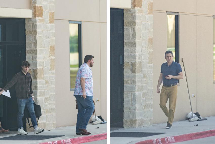 Left: Nick Fuentes, center, is seen exiting the offices of Pale Horse Strategies with Chris Russo, founder and president of Texans for Strong Borders, right, in Fort Worth, Texas on Oct. 6, 2023. Right: Texas Republican Party Chairman Matt Rinaldi is seen entering the same offices on the same day.