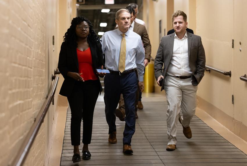 U.S. Rep. Jim Jordan arrives for a House Republican caucus meeting in the U.S. Capitol, Thursday, Oct. 12, 2023, in Washington, D.C.