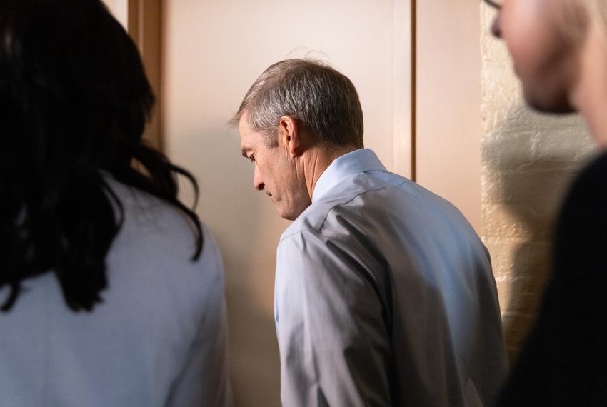 U.S. Rep. Jim Jordan arrives for a House Republican caucus meeting in the U.S. Capitol, Thursday, Oct. 12, 2023, in Washington, D.C.