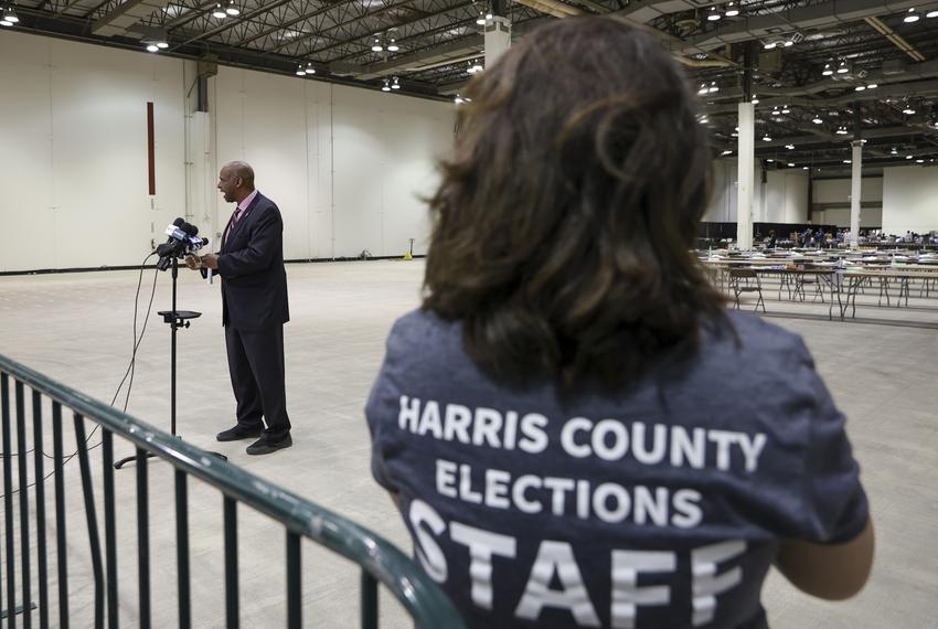 Harris County Election Administrator Clifford Tatum speaks to the media on Nov. 8, 2022, at Harris County’s central count center at NRG Arena in Houston.