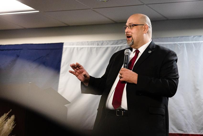 Daniel Miller, the President of the Texas Nationalist Movement, speaks to a crowd at TEXITCon in Waco, on Nov. 11, 2023. Miller founded the organization in 2005, and spoke to attendees during an event titled "Why Texas is a Nation".