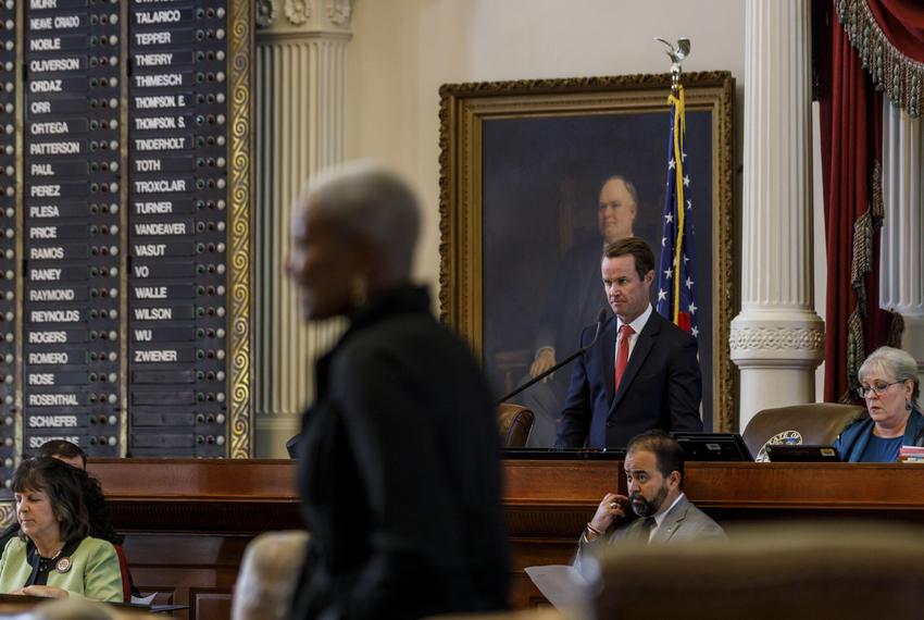 House Speaker Dade Phelan stands at the dias during a special legislative session at the state capitol in Austin, Texas, on Nov. 17, 2023.