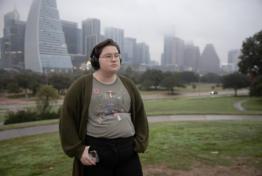 Kayden Asher poses for a potrait on Nov. 19, 2023. Asher was placed under the care of the Texas Department of Family and Protective Services at 15, after coming out as a trans man. He says he was discriminated against during his time in DFPS. Before his 18th birthday, he asked to be moved to Austin, where he found an affirming placement and was able to start hormone therapy.