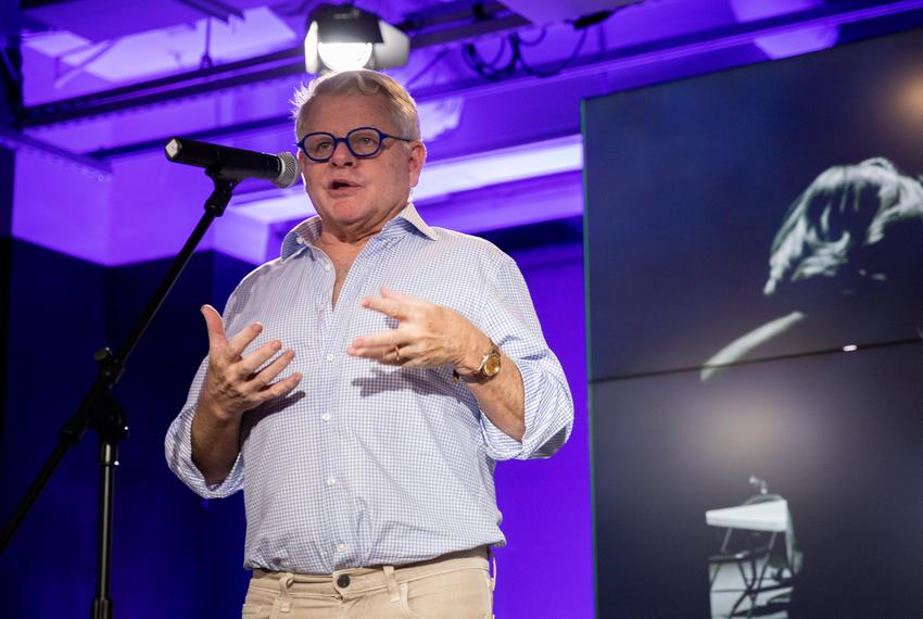 John Thornton, co-founder of The Texas Tribune, speaks at The Texas Tribune office in Austin on Dec. 6, 2022.