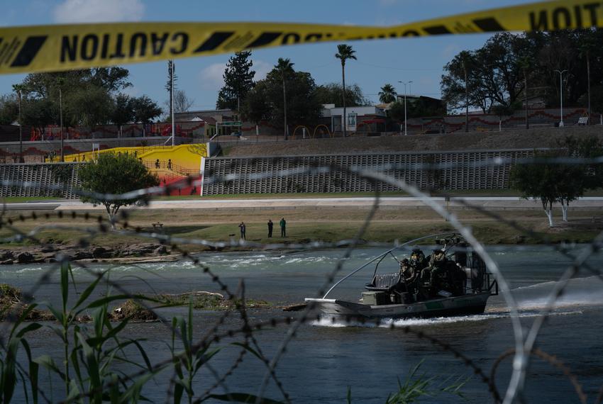 A Border Patrol boat on the Rio Grande between Piedras Negras, Mexico, and Eagle Pass on Nov. 8, 2021.