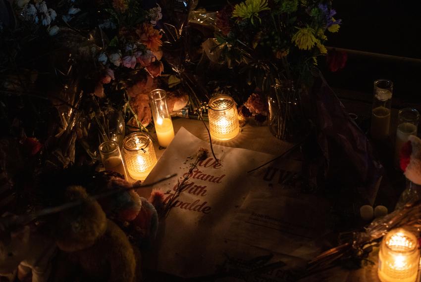 Thousands of roses and handwritten notes, hundreds of candles and dozens of stuffed animals surround a fountain in the center of the City of Uvalde Town Square in Ulvade on May 29, 2022.