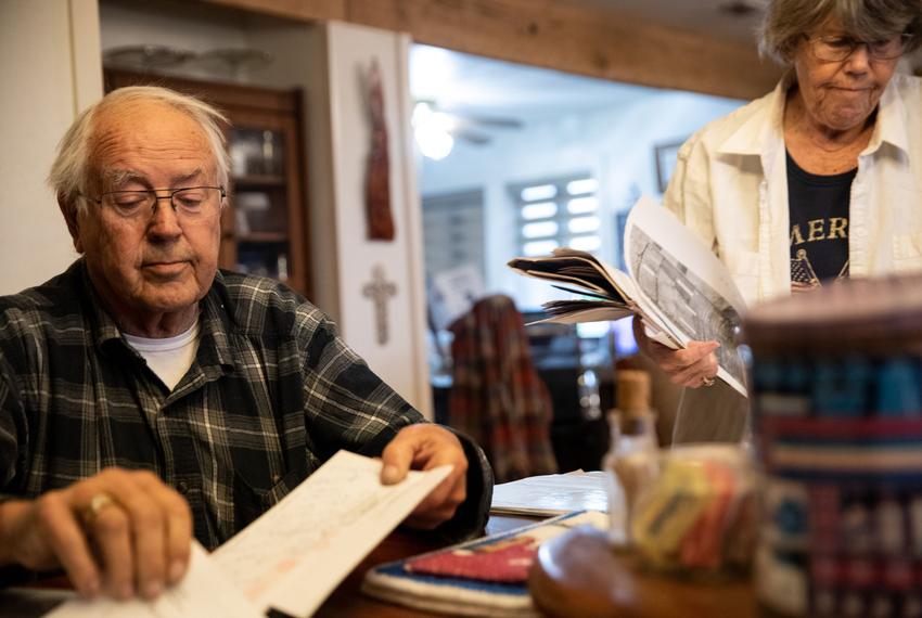 David Shifflett, a farmer in Reeves County, parses records of his protests to the Texas Railroad Commission against permits for nearby wastewater injection wells.