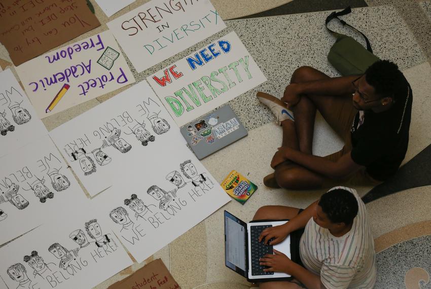 Demonstrators participate in a sit-in for the protection of academic freedom and DEI at the Capitol on Thursday, March 23, 2023. Supporters of DEI practices are protesting House Bill 1- Rider No.186 and Senate Bill 16.