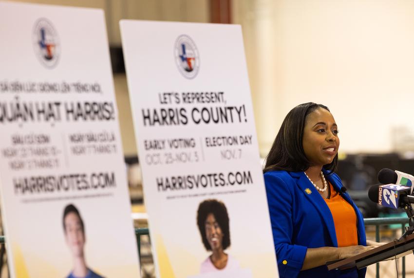 Harris County Clerk Teneshia Hudspeth speaks to the media during a press conference about the upcoming Harris County elections, Friday, Oct. 20, 2023, in Houston.