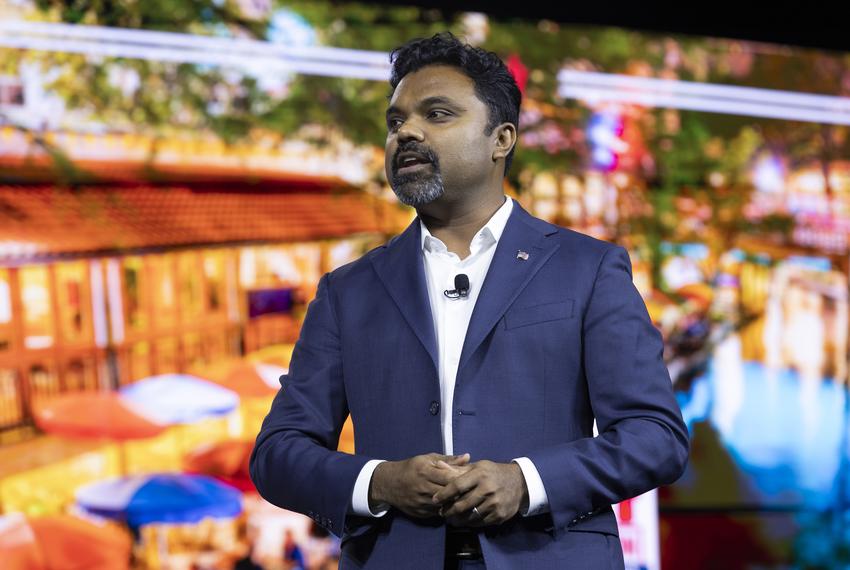 Texas GOP Party Chair candidate Abraham George delivers his candidate speech during the first general session of the convention in San Antonio, on May 23, 2024.