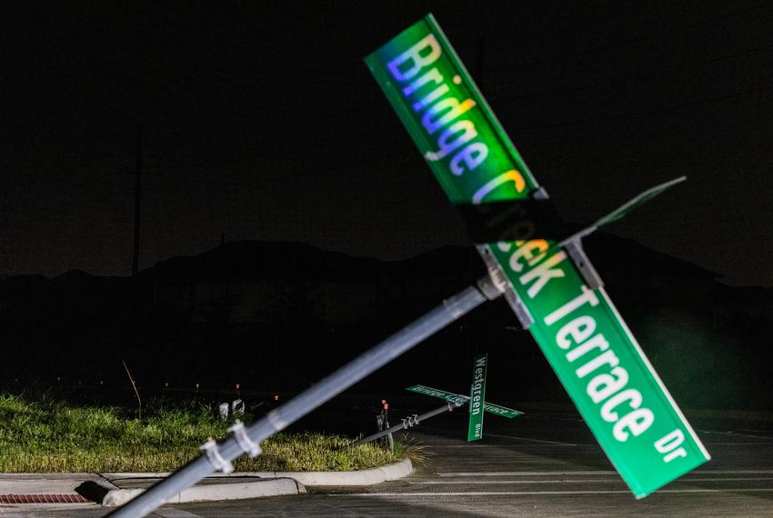 Street signs down on the corner of Bridge Creek Terrace Drive and Westgreen Blvd. in Cypress, Friday, May 17, 2024. (Marie D. De Jesús / Houston Landing)