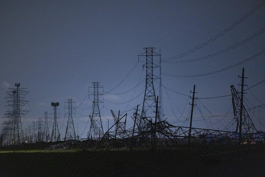 Thursday evening, storms smashed several transmission power lines near Highway 99 on May 16, 2024, in Cypress. (Marie D. De Jesús / Houston Landing)