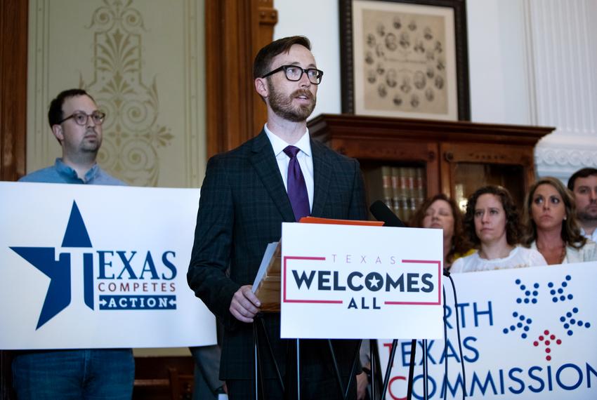 Dave Edmonson, Executive Director of Texas and the Southeast region for TechNet, speaks against discriminatory legislation during a press conference on March 27, 2019.