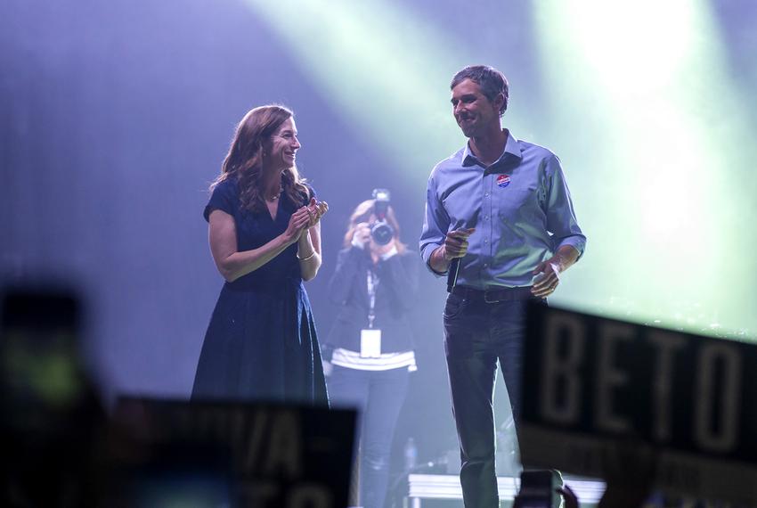 Beto O'Rourke and his wife Amy Sanders O'Rourke walk onto the stage to address his supporters after losing to Ted Cruz in the 2018 midterm elections, Tuesday, November 6, 2018, in El Paso, Texas. 