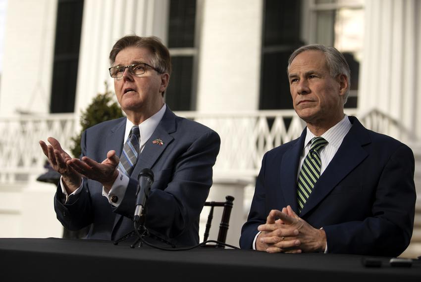 Gov. Greg Abbott and Lt. Gov. Dan Patrick at a joint press conference on the lawn of the Governor’s Mansion on Jan. 9, 2019. Newly-elected House Speaker Dennis Bonnen was also present.