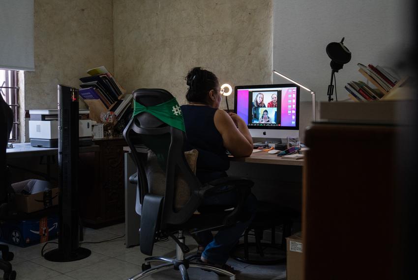 Sandra Cardona, sits during a meeting at her home near Monterrey in Guadalupe, Mexico on June 27, 2022. Sandra and her wife Vanessa Jiménez, not pictured, are part of a network called, “Necesito abortar,” ‘I need to have an abortion’ and they have turned an upstairs room into “La Abortería,” ‘the abortion place’ where people that are seeking to terminate their pregnancy can take the abortion inducing pills in comfort and privacy. Them along with other volunteers provide what they call accompaniment to people that have these kind of abortions by being there for emotional support, to provide information, and or assistance while the person goes through this process. 
Verónica G. Cárdenas for The Texas Tribune