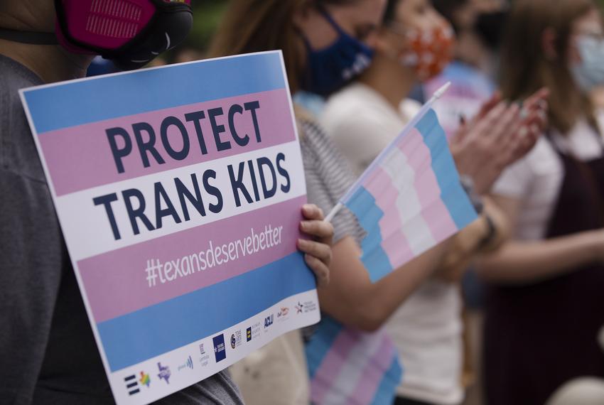 Protestors participate in a rally against Anti-Trans legislation at the southern steps of the state Capitol on April 28, 2021.