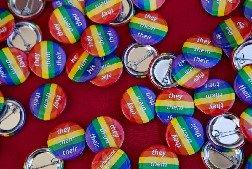 Free pronoun buttons at the AISD "Pride Out!" Party in the Park event at Eastside Early College High School in Austin on Saturday, Mar. 26, 2022. There were fill-in-the-blank and other options not pictured as well.