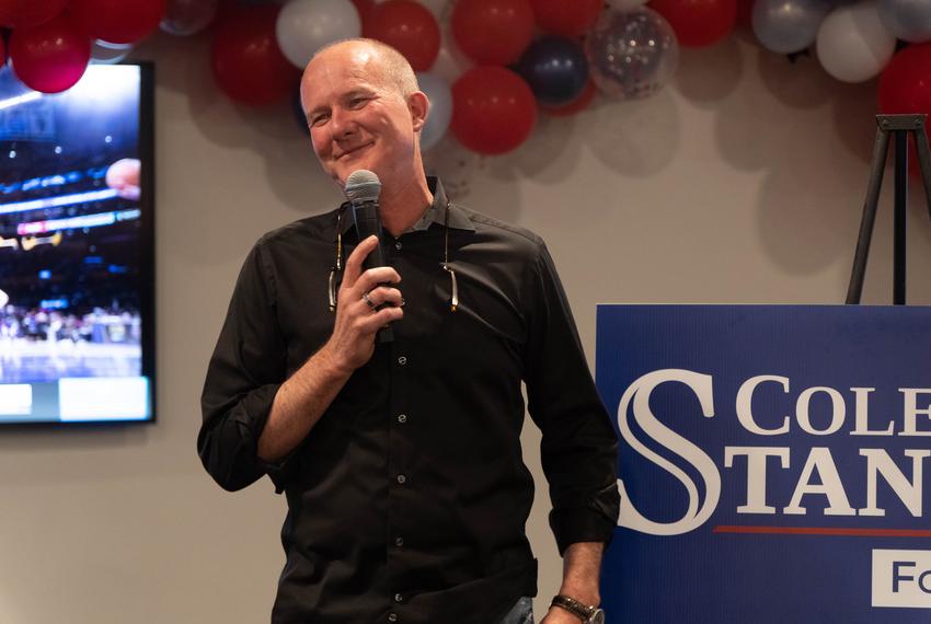 Amarillo businessman Alex Fairly speaks to the crowd Saturday night after his endorsed candidate Cole Stanley won the Amarillo mayoral election in downtown Amarillo.