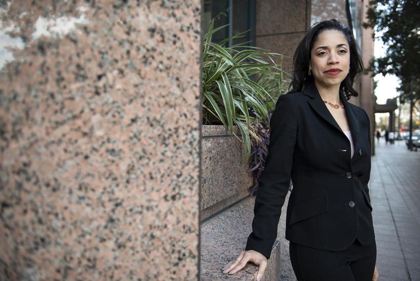 Houston City Councilwoman and U.S. Senate candidate Amanda Edwards outside of 919 Congress Avenue in Austin on Feb. 7, 2020. 