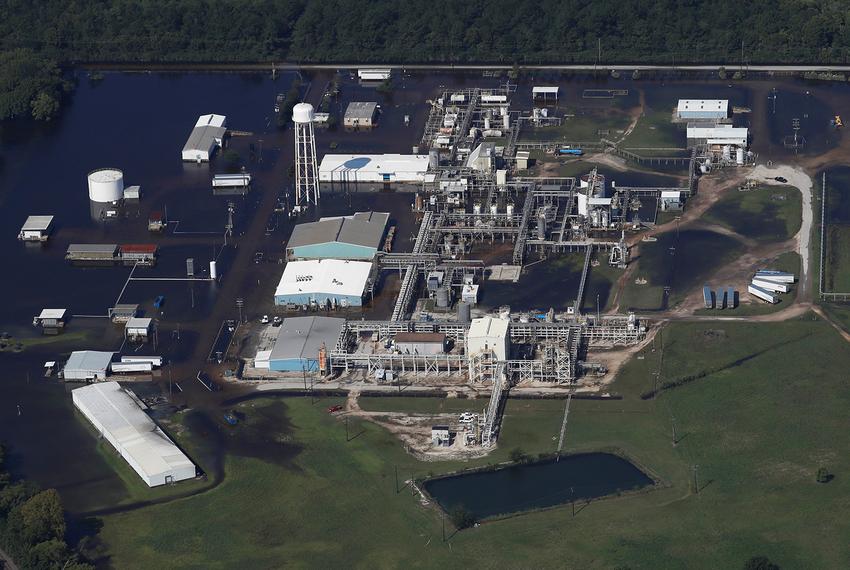 The flooded plant of French chemical maker Arkema SA, which produces organic peroxides, is seen after fires were reported at the facility after Hurricane Harvey passed in Crosby on August 31, 2017.