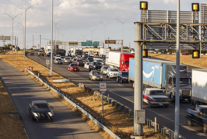 Rush hour traffic passes by on Interstate 35 through downtown Austin on the evening of Sept. 7, 2023.