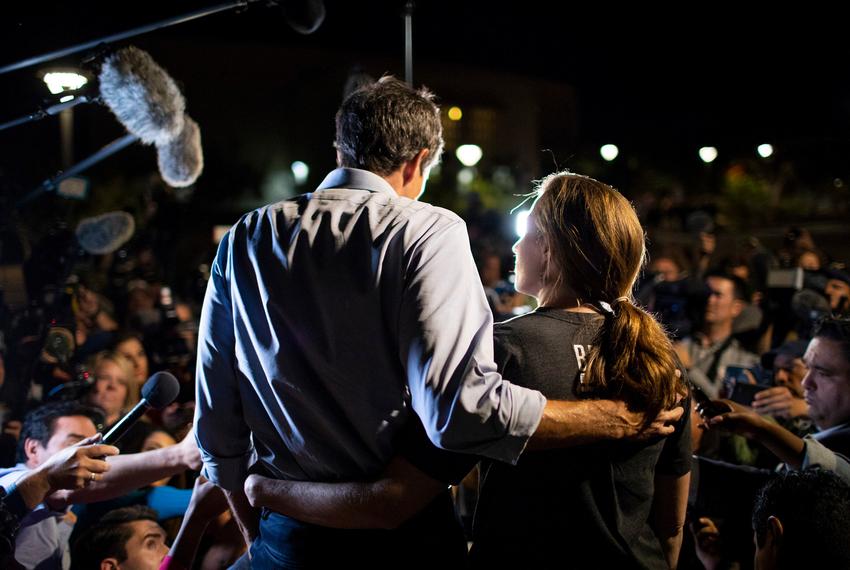 U.S. Rep. Beto O'Rourke, D-El Paso and his wife Amy Sanders O'Rourke speaks to the local and national media at UTEP before the start of his final campaign rally before the midterm elections, Monday, November 5, 2018, in El Paso, Texas. Photo by Ivan Pierre Aguirre for The Texas Tribune