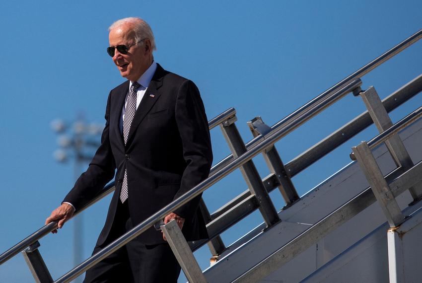 President Joe Biden descends from Air Force One at Stewart Air National Guard Base in Newburgh, New York on Oct. 6, 2022.