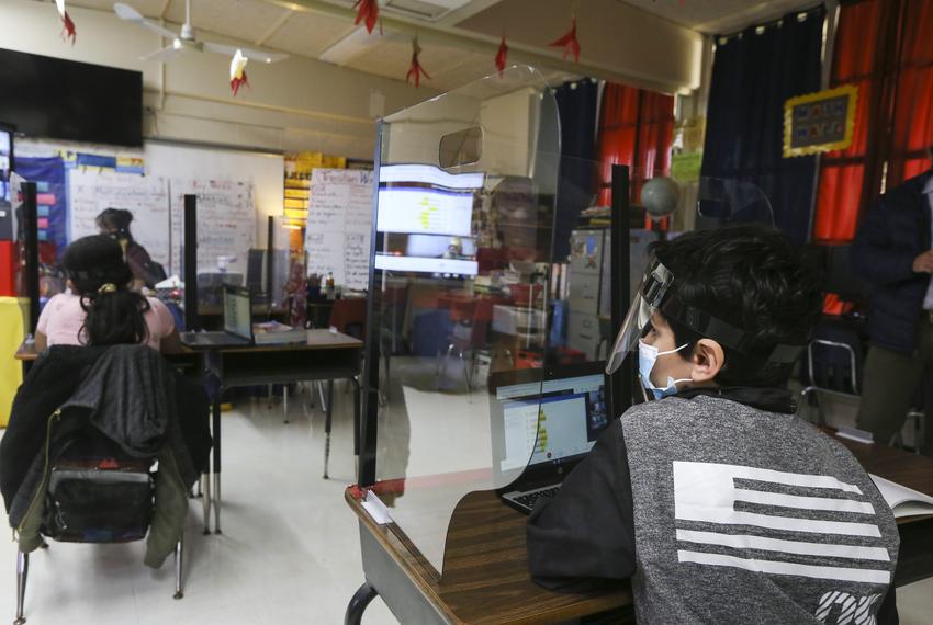 A student follows along to a lesson about suffixes in English Language Arts Class on Dec. 3, 2020, at Perez Elementary School in Brownsville.