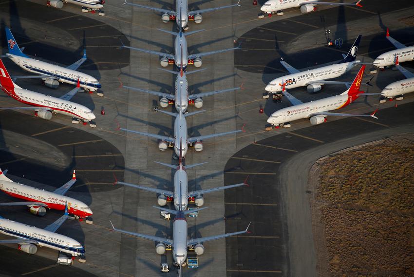 An aerial photo shows Boeing 737 MAX aircraft at Boeing facilities at the Grant County International Airport in Moses Lake, Washington, September 16, 2019.