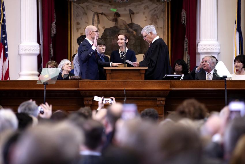 State Rep. Dennis Bonnen, R-Angleton, is sworn in as House speaker by U.S. District Judge John D. Rainey on Tuesday, Jan. 8, 2019. Looking on is Speaker Bonnen's wife Kimberly.