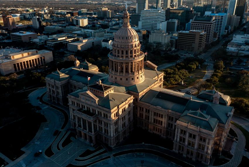 An aerial view of the Capitol in Austin on Jan. 6, 2022.