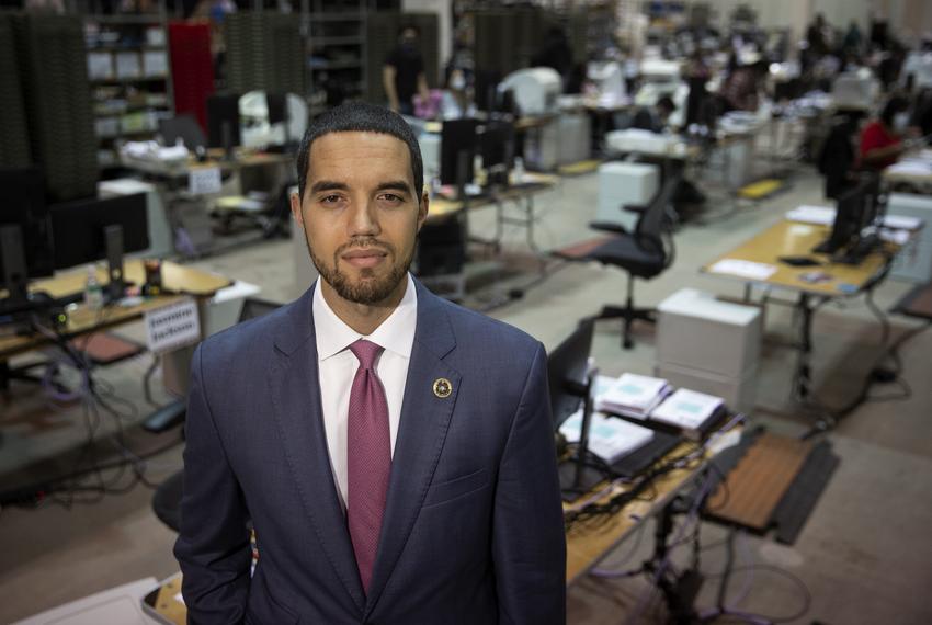 Harris County Clerk Chris Hollins at election headquarters inside the NRG Arena on Oct. 5, 2020.