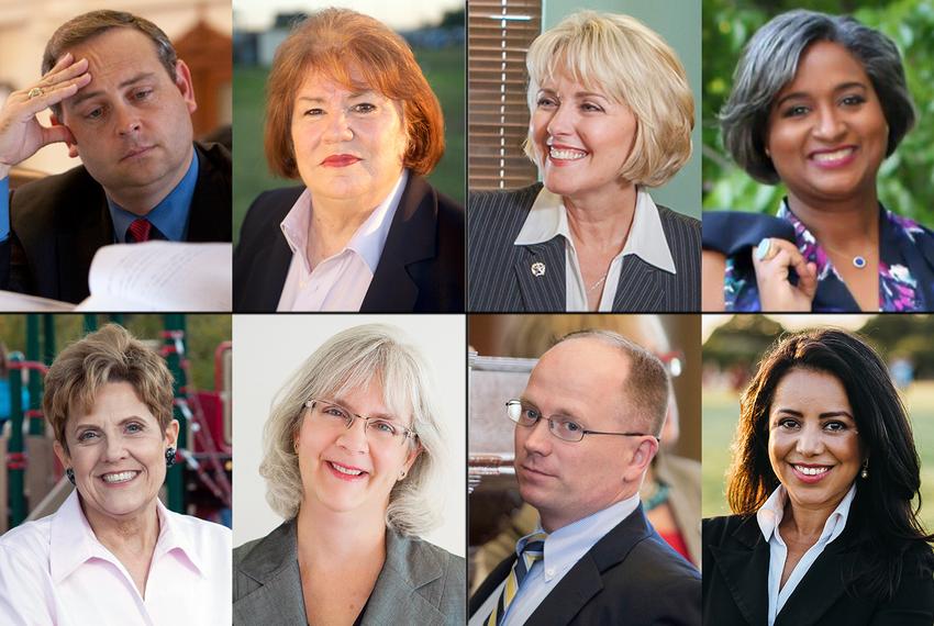 L-R, top row: State Rep. Rodney Anderson, R-Grand Prairie, and Democratic challenger Terry Meza; state Rep. Cindy Burkett, R-Sunnyvale and Democratic challenger Rhetta Bowers. L-R, bottom row: state Rep. Linda Koop, R-Dallas, and Democratic challenger Laura Irvin; and state Rep. Kenneth Sheets and Democratic challenger Victoria Neave.