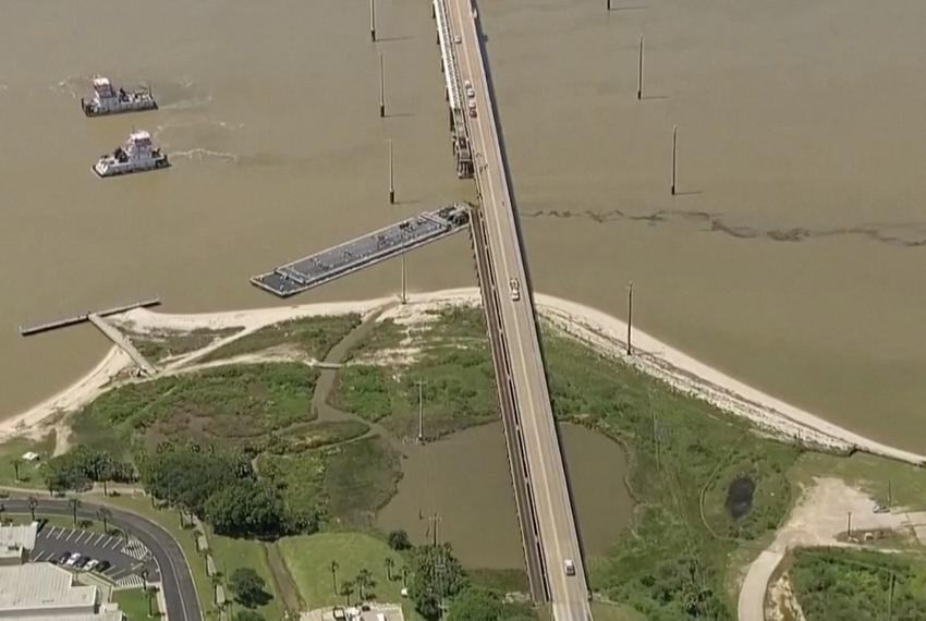 A barge collides with the Pelican Island Bridge, spilling oil into the bay, on May 15, 2024.