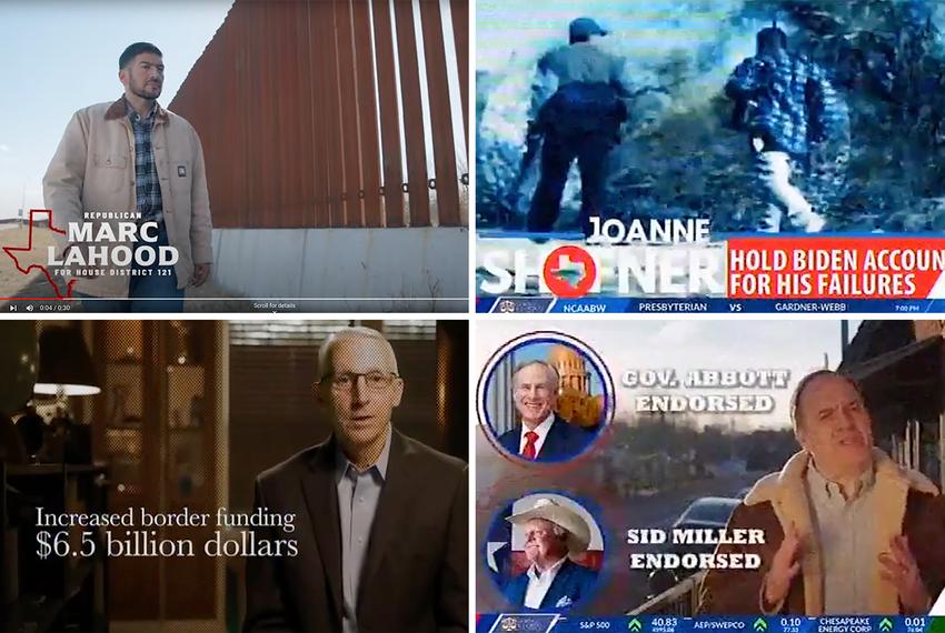 Texas Republican state House ads touting the border as a central election issue. Clockwise, from top left: Mark LaHood, challenger for HD-121; Joanne Shofner, challenger for HD-11; Chris Spencer, challenger for HD-1; and Gary VanDeaver, HD-1 incumbent.