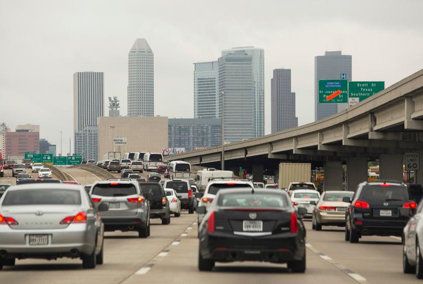 Heavier than normal traffic heading north in the middle of the day in Houston on Aug. 25, 2017, as people prepare for the arrival of Hurricane Harvey.