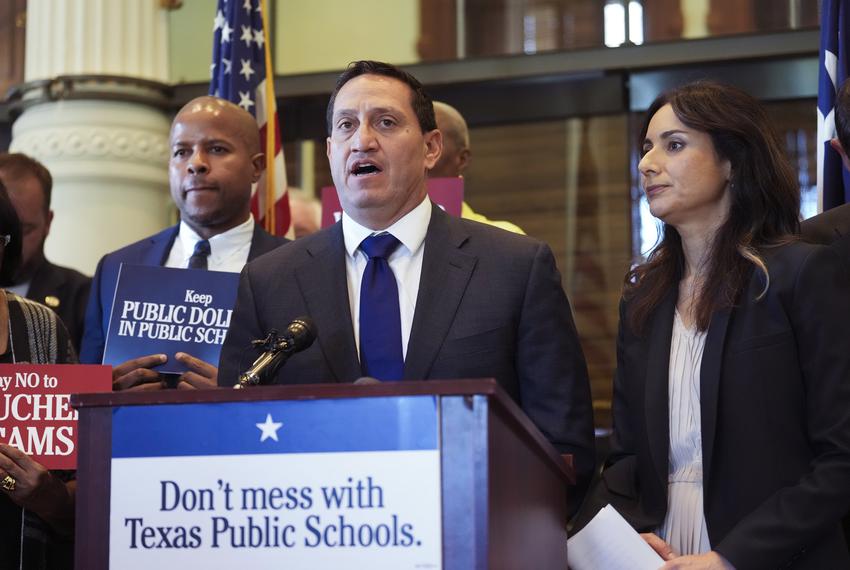 House Democrats including Ron Reynolds, D-Missouri City, Rep. Trey Martinez Fischer and Rep. Gina Hinojosa, D-Austin, hold a press conference prior to the start of the 3rd-called special session of the 88th Legislature on October 92, 2023.