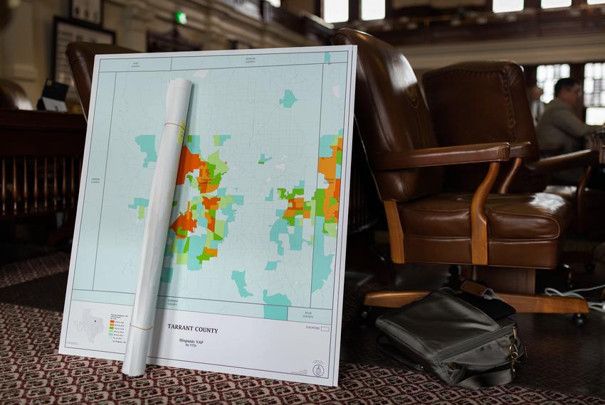 A map of Tarrant County shows Hispanics' voting age population on the House floor on Oct. 12, 2021.