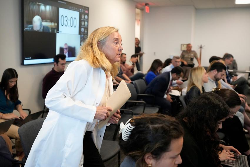 Dr. Ingrid Skop speaks at the Texas Medical Board meeting to discuss guidance around physicians for medical exceptions to the state's abortion ban laws at the George H.W. Bush State Office Building on March 22, 2024.