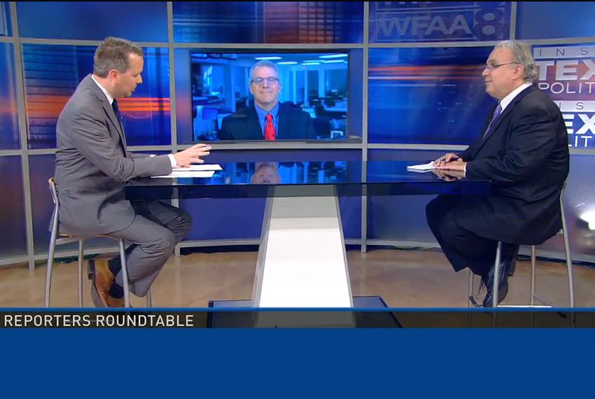 (L-R) Host Jason Whitely, Tribune Executive Editor Ross Ramsey and the Fort Worth Star-Telegram's Bud Kennedy on WFAA-TV's Inside Texas Politics on June 7, 2015.