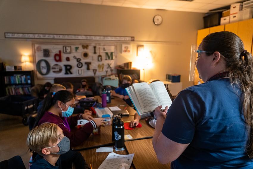 Teacher Melissa Perry reads to her fifth grade class at Jacob’s Well Elementary School in Wimberley on September 4, 2020.