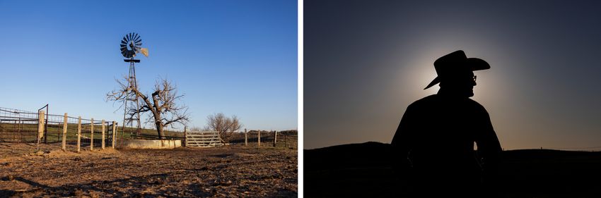 Left: The pen where Dale Jenkins left 35 of his cattle is seen on April 3, 2024 in Canadian. Jenkins feels that if his cattle had not fled the pen, they might have survived the wildfires. Right: “You’d be out there fighting this fire, and you’d be all by yourself — not a soul around. But you’ve got the light from the fire line. And you’re working at it and concentrating so hard, and finally, you get to the end, you finally put out the last flames, and then it’s just totally dark and totally quiet,” Jenkins said.