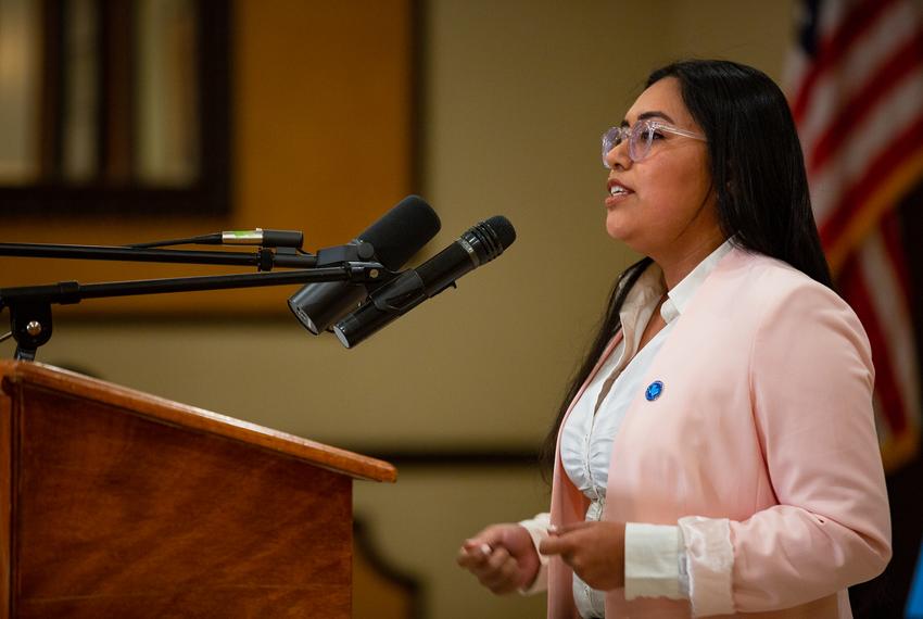 Democratic candidate for Congress Jessica Cisneros speaks at a "Meet the Candidates" event thrown by the Webb County Democratic Party in Laredo on Feb. 16, 2022.